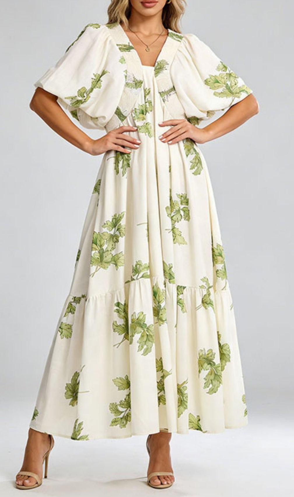 Elegant Karrie Puff-Sleeve Leaf Print Maxi Dress – Summer Garden Party & Wedding Guest