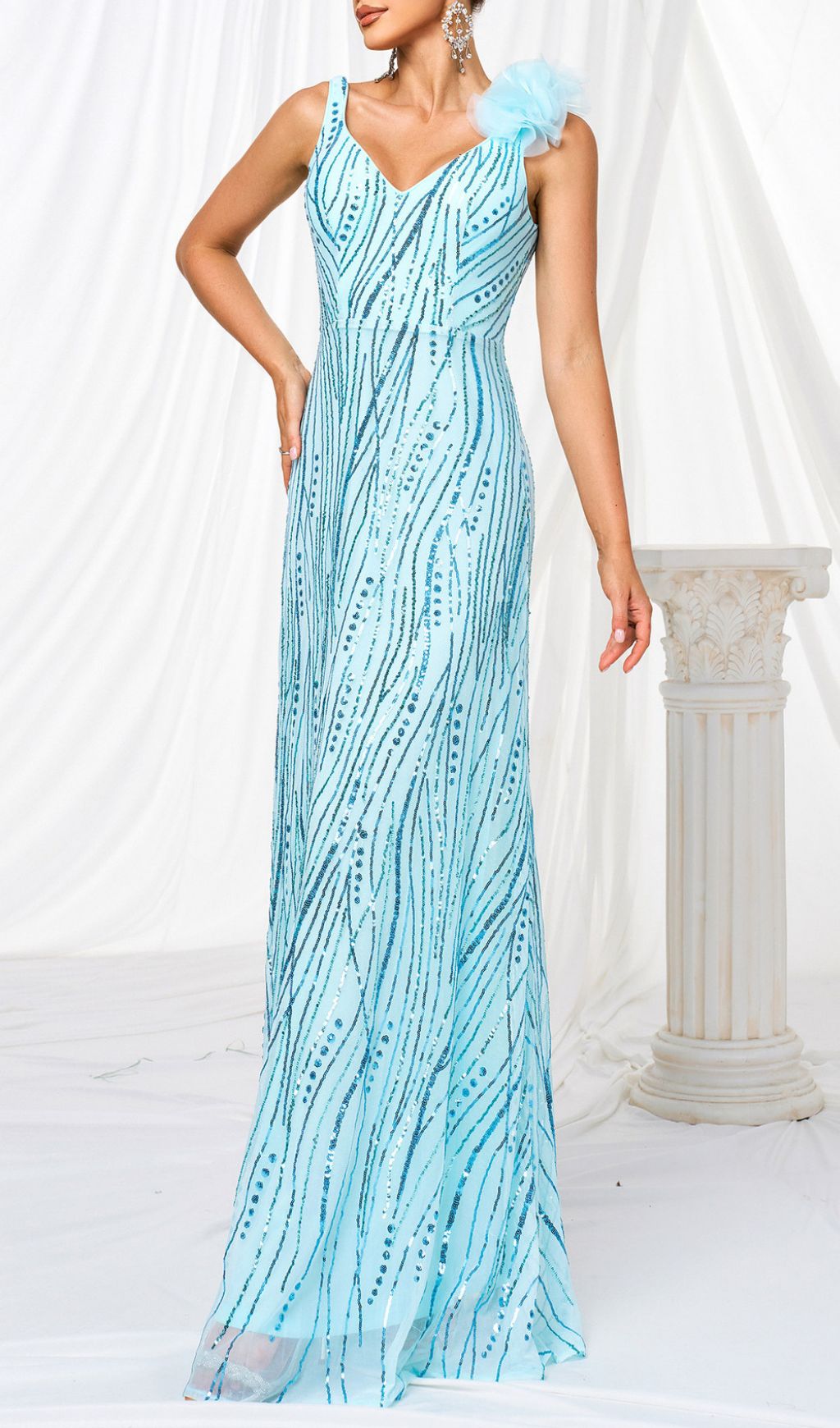 Fia Blue V-Neck Sequin Maxi Dress