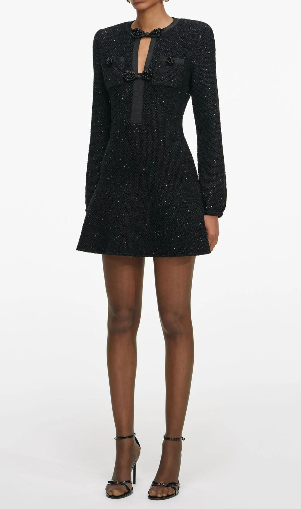 Dazzling Black Sequin Knit Mini Dress with Chic Bow Cut-Out