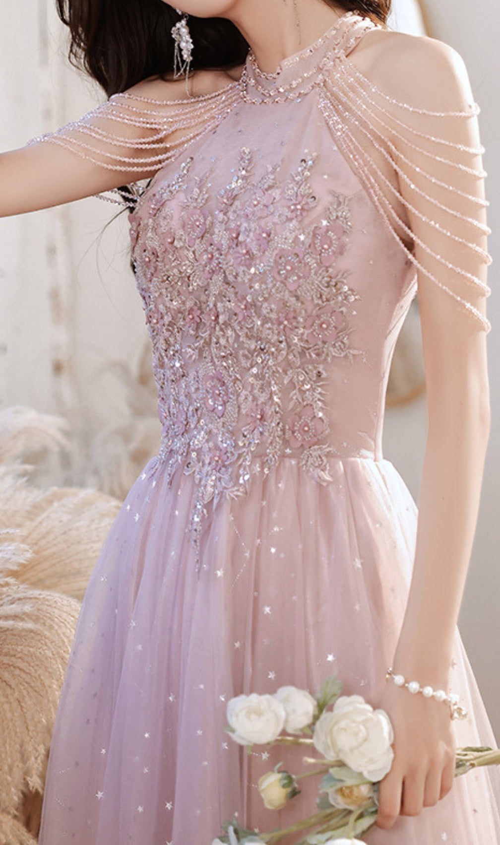 Cleon Halter Flower Sequin Maxi Dress