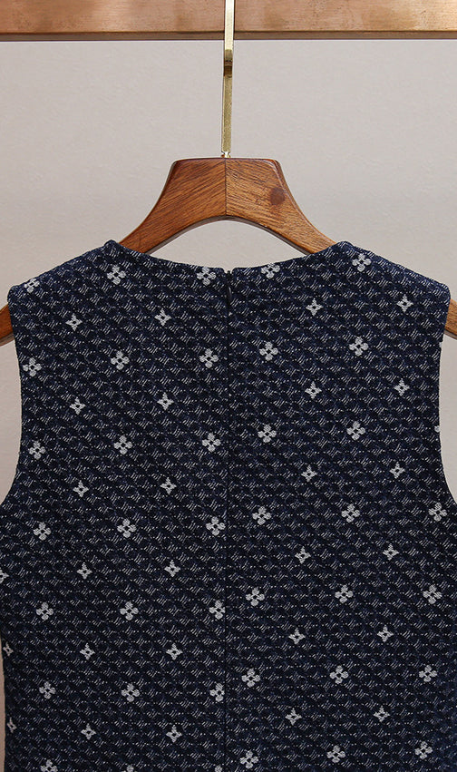 Hasika Navy Geometric Sleeveless Mini Dress | Unique Wavy Pleated Hem