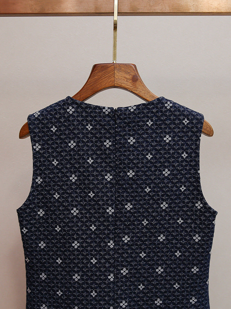 Hasika Navy Geometric Sleeveless Mini Dress | Unique Wavy Pleated Hem