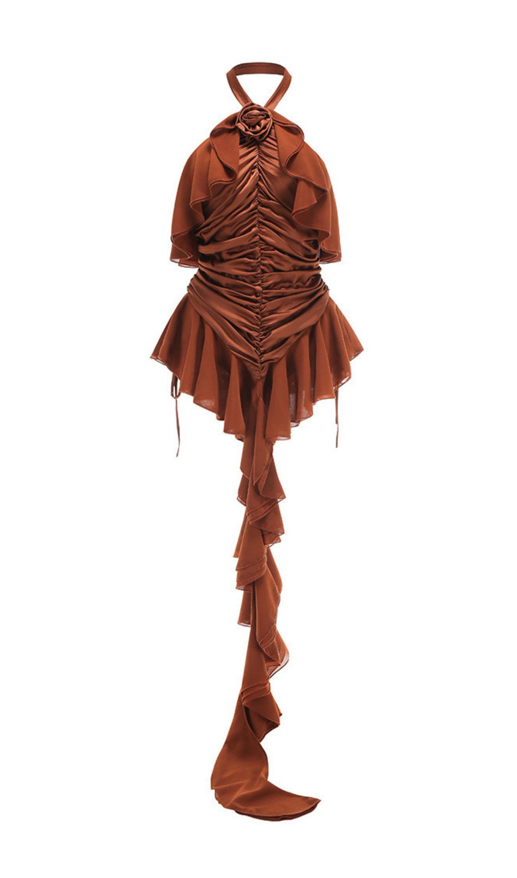 Jerom Opulent Brown Halter Ruched Mini Dress with Rosette Detail