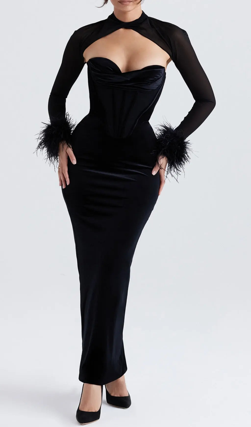Adelaide Black Velvet Corset Maxi Dress
