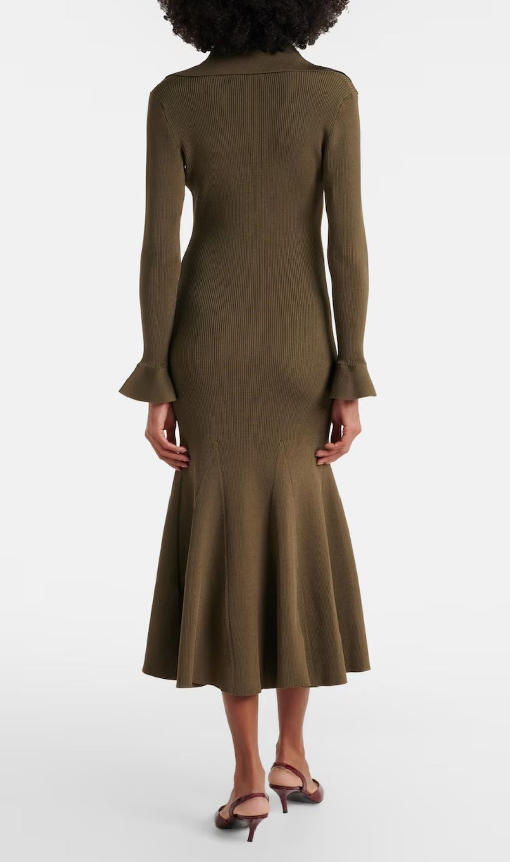 Effortless Chic Ribbed-Knit Midi Dress – Collared V-Neck & Flared Hem
