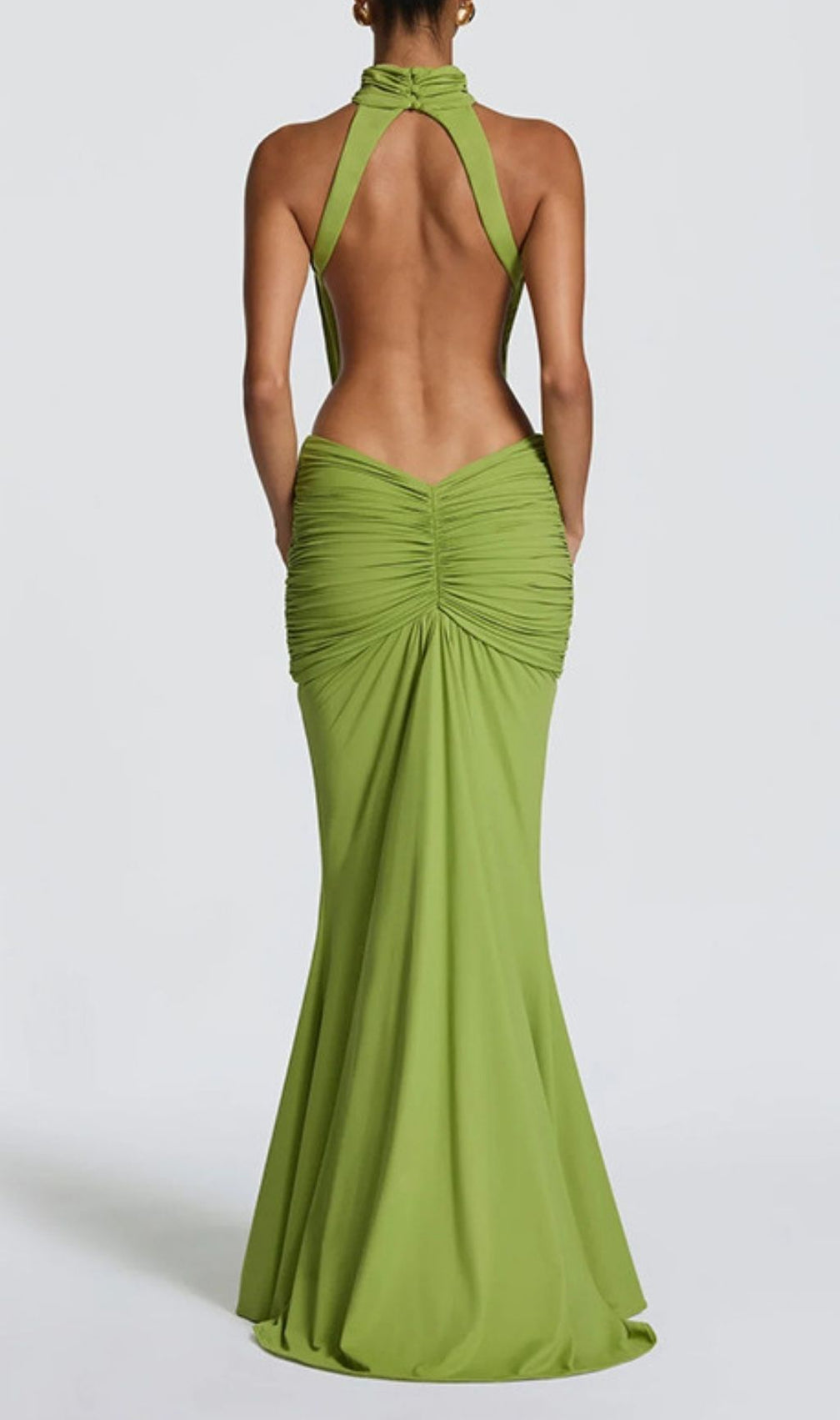 Kirya Green Ruched Backless Maxi Dress