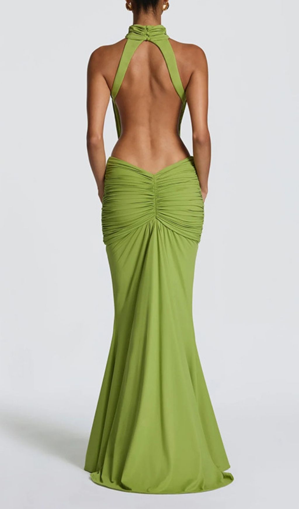 Kirya Green Ruched Backless Maxi Dress