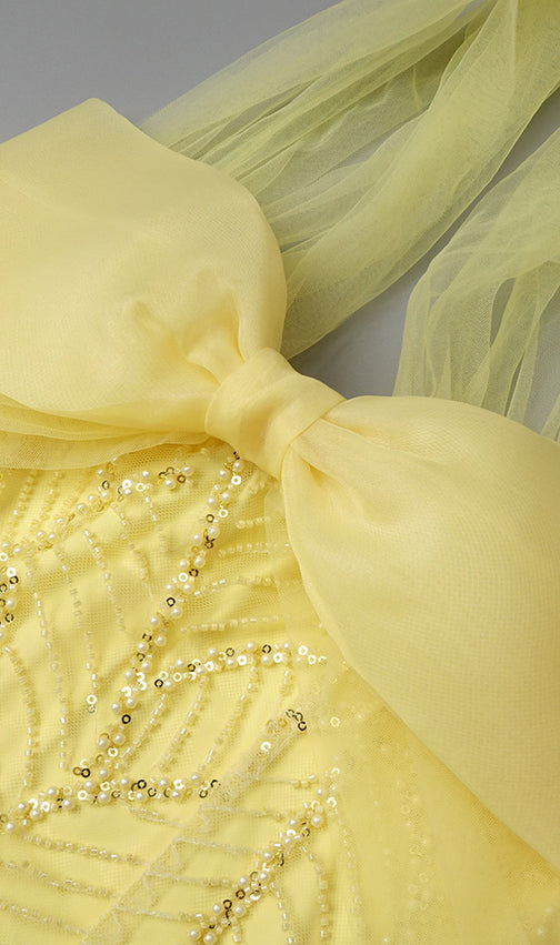 Jermaine Yellow Halter Bow Beaded Maxi Gown | Glamorous Evening & Gala Dress