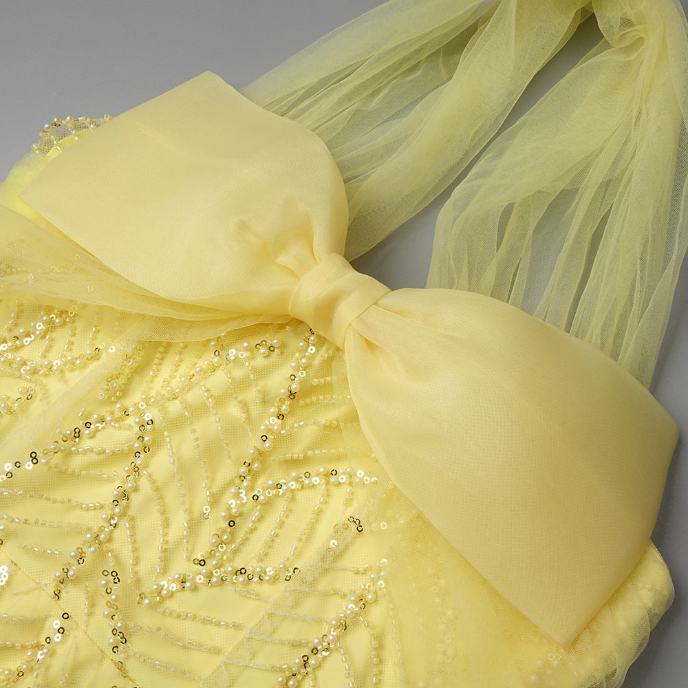 Jermaine Yellow Halter Bow Beaded Maxi Gown | Glamorous Evening & Gala Dress