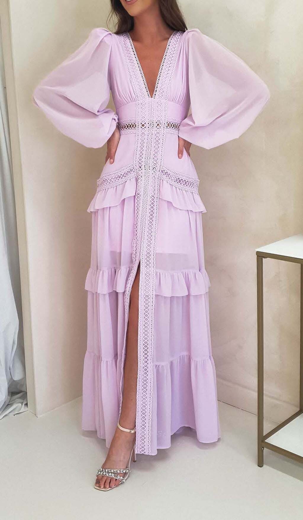 Long Sleeve Ruffle Maxi Dress In Lilac