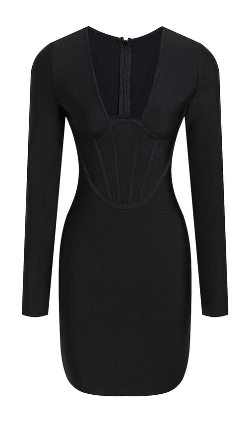 Sculpting Black Corset Mini Dress | Long Sleeve Bandage Bodycon