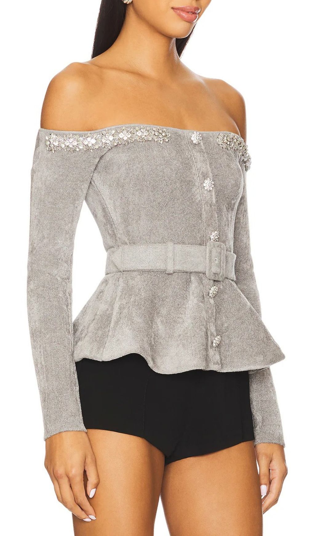 Glamorous Harlean Grey Diamante Off-Shoulder Belted Peplum Cardigan