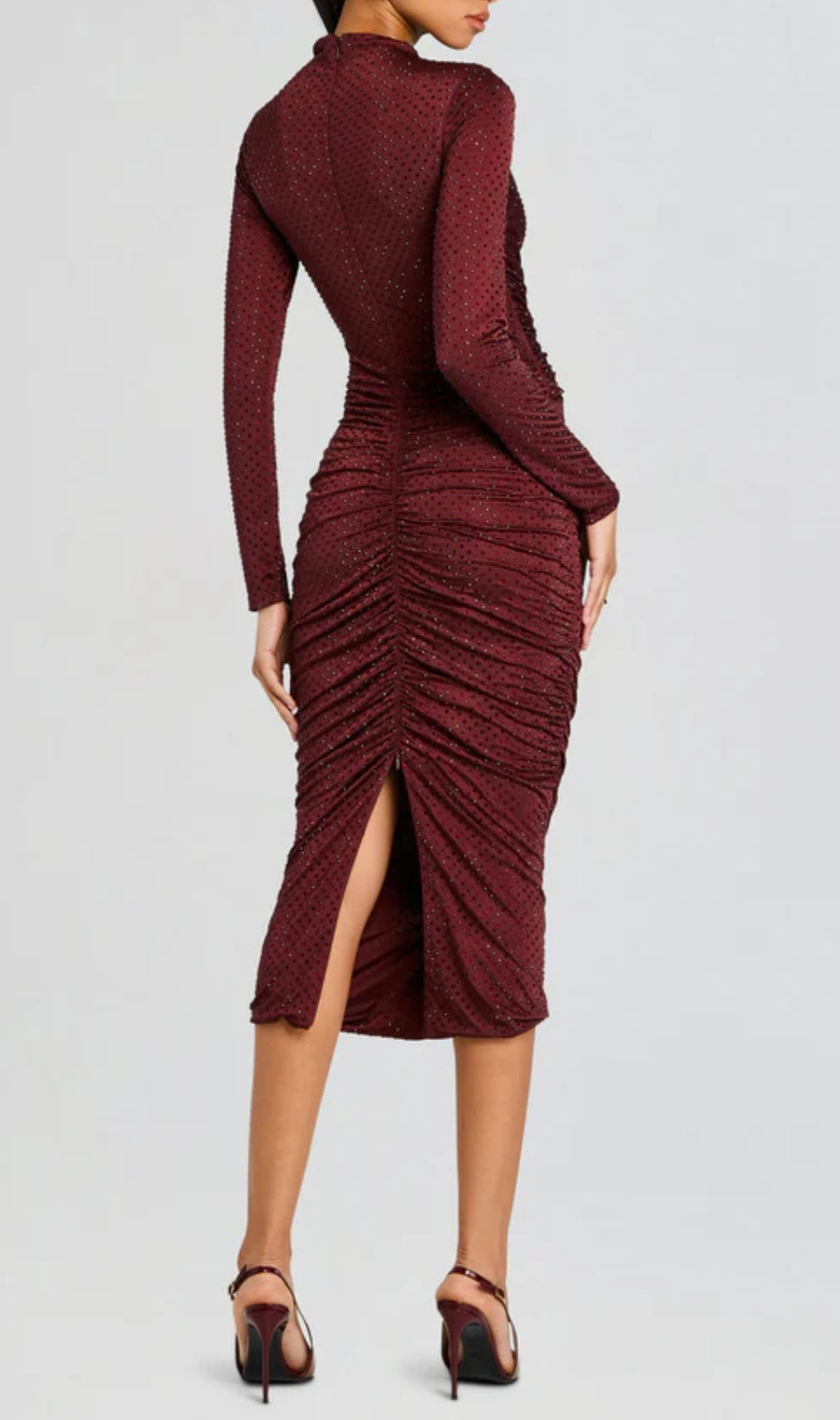 Devika Wine Embellished Ruched Midi Dress
