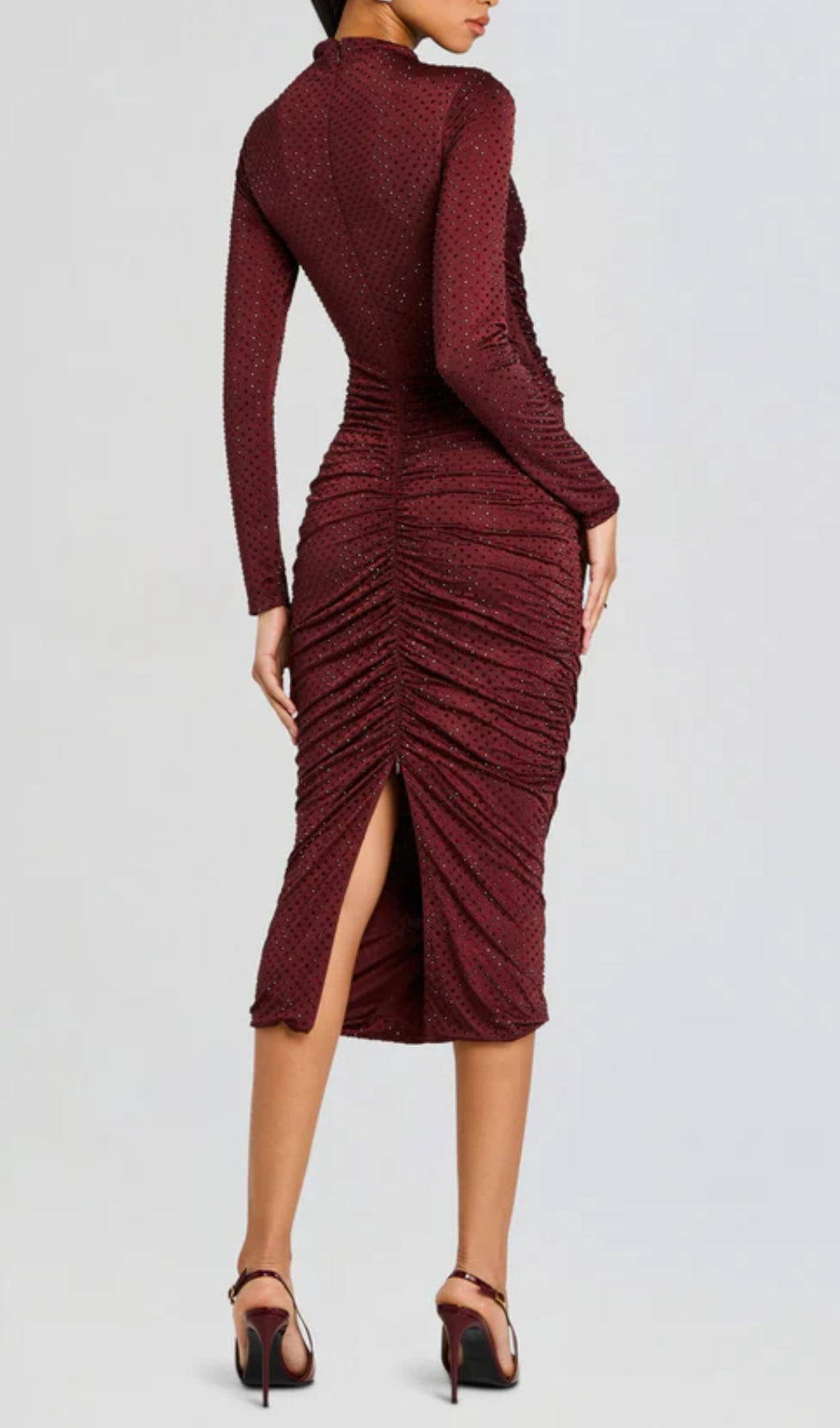Devika Wine Embellished Ruched Midi Dress