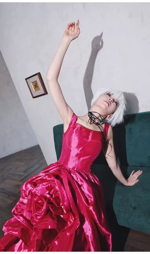Showstopping Fuchsia Taffeta Ball Gown with 3D Floral Skirt - Square Neck Evening Dress