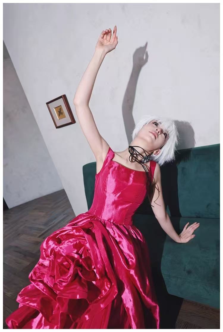 Showstopping Fuchsia Taffeta Ball Gown with 3D Floral Skirt - Square Neck Evening Dress
