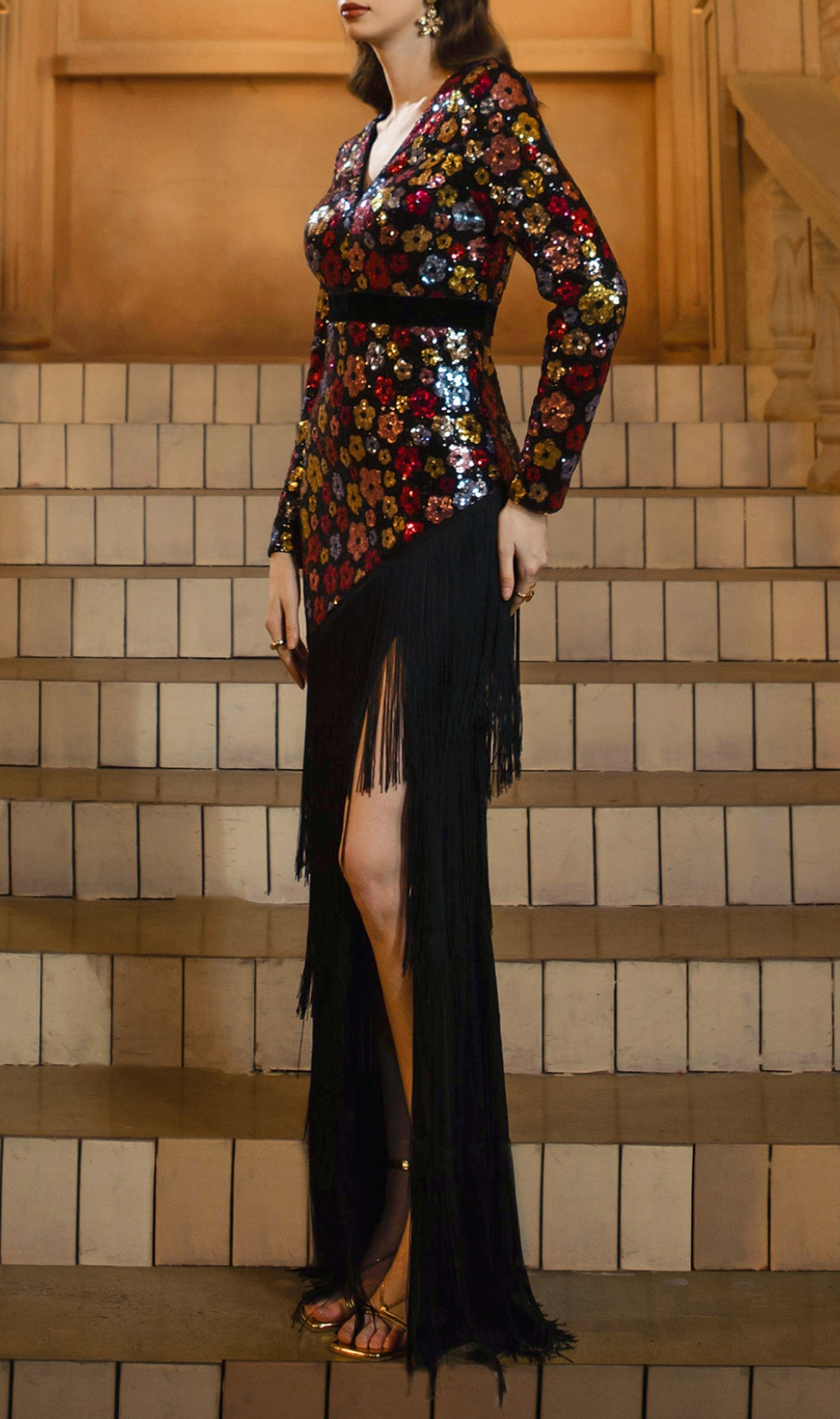 Dimaia Flower Sequin Tassel Long Sleeve Maxi Dress