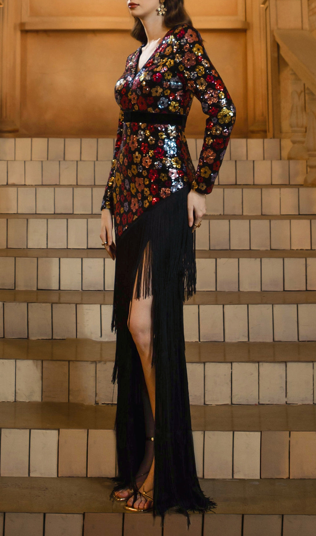 Dimaia Flower Sequin Tassel Long Sleeve Maxi Dress