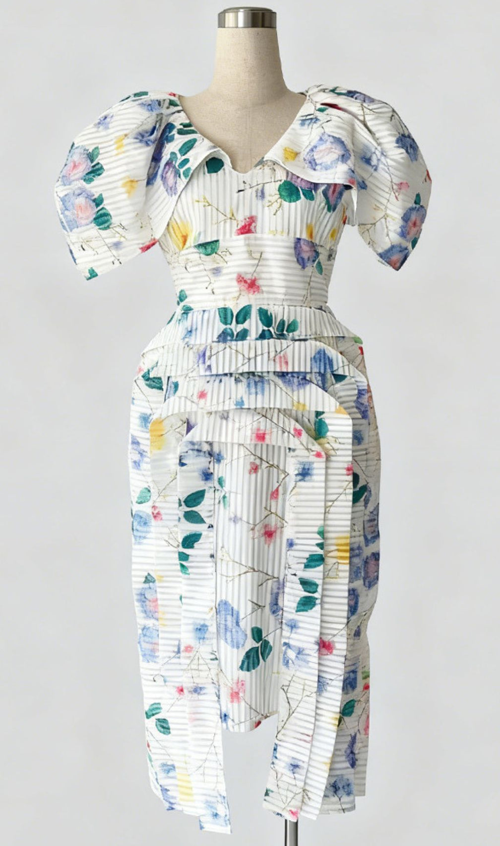 Janis Chic Floral Stripe Puff Sleeve Midi Dress - Romantic & Elegant