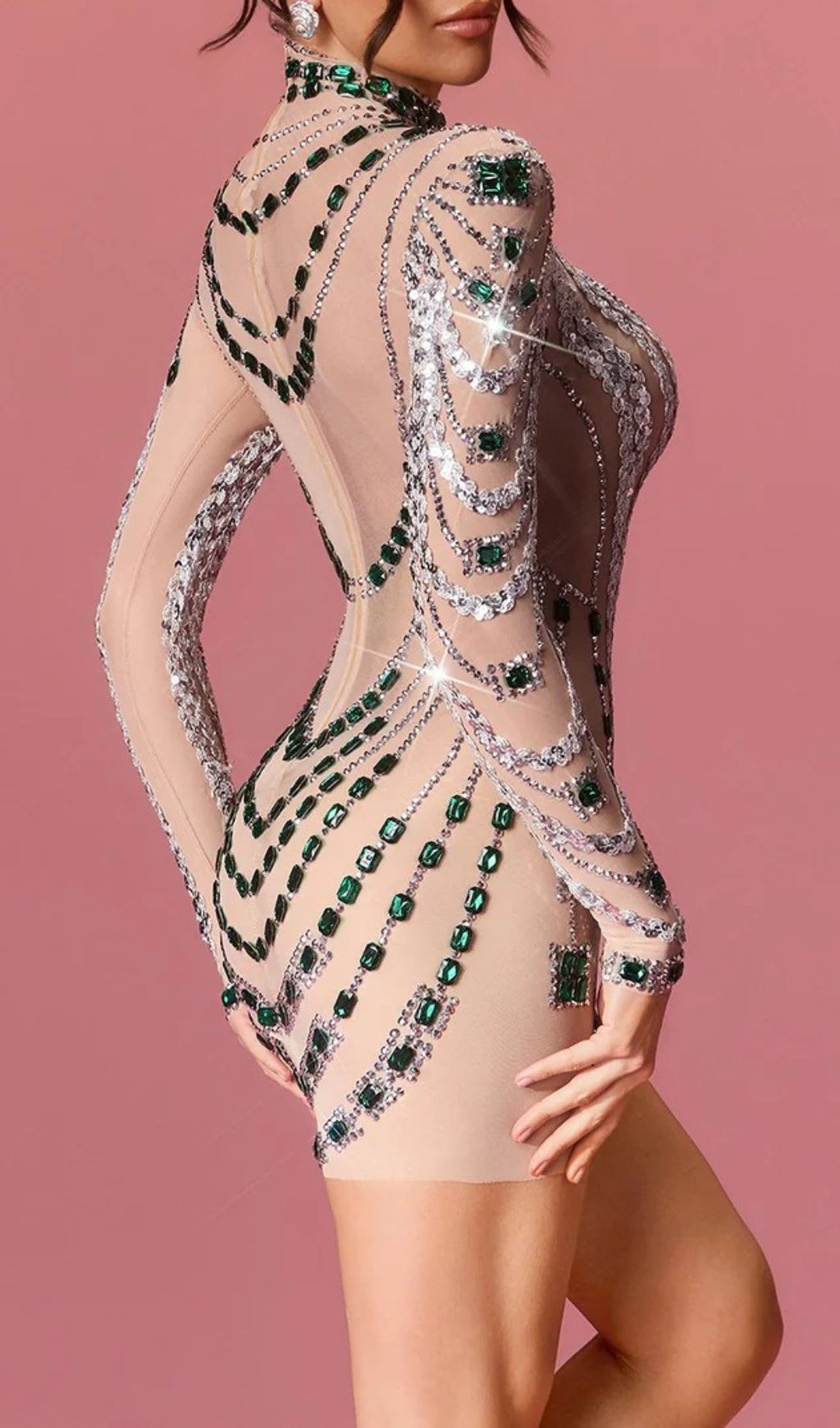 Bruxira Dazzling Emerald & Crystal Illusion Mini Dress