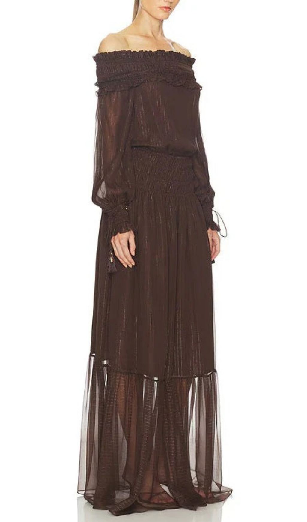 Tiffany Brown Off-shoulder Maxi Dress with Ruched Trim