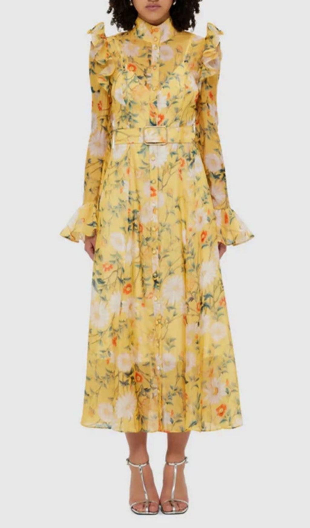 Eder Yellow Floral Long Sleeve Midi Dress