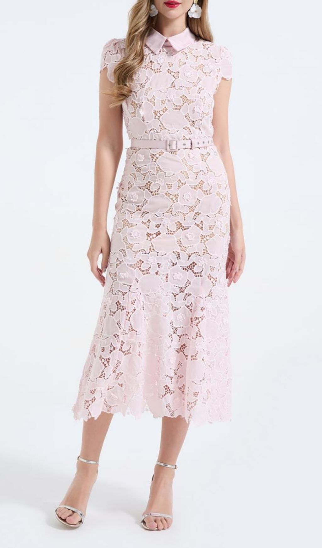 Kennita Pink Floral Lace Midi Dress | Elegant & Romantic Occasion Wear