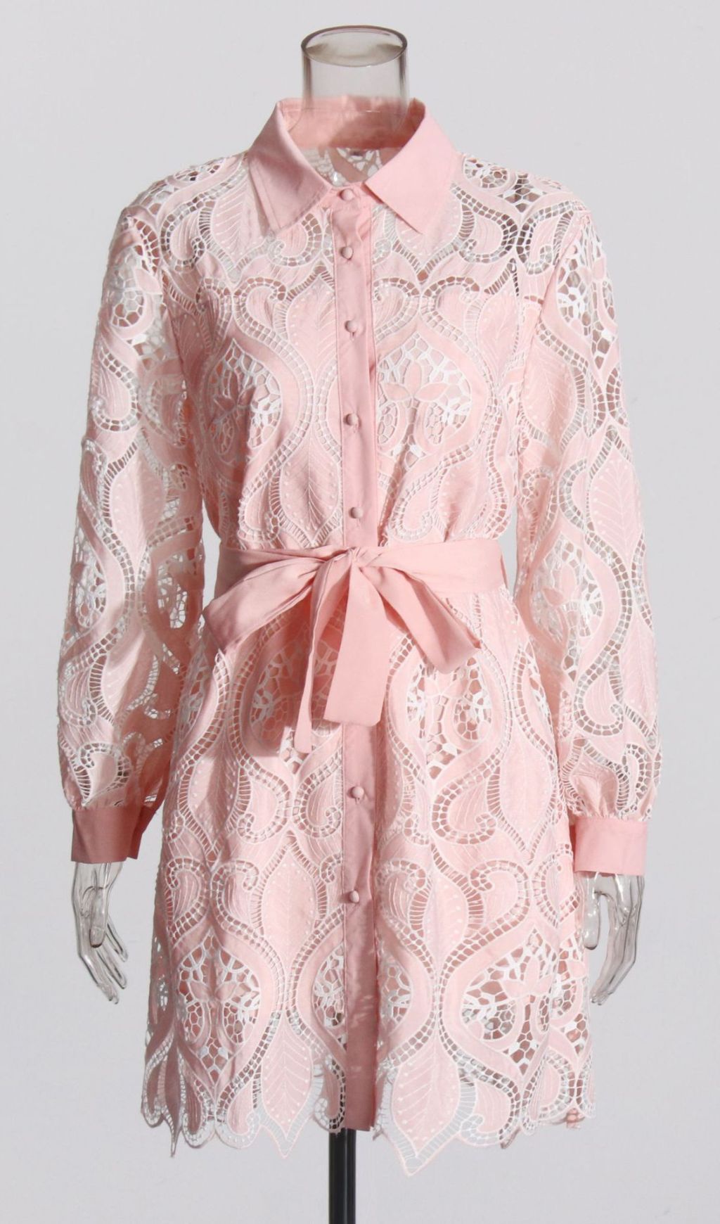 Isandro Blush Pink Embroidered Lace Long Sleeve Mini Shirt Dress with Tie-Waist