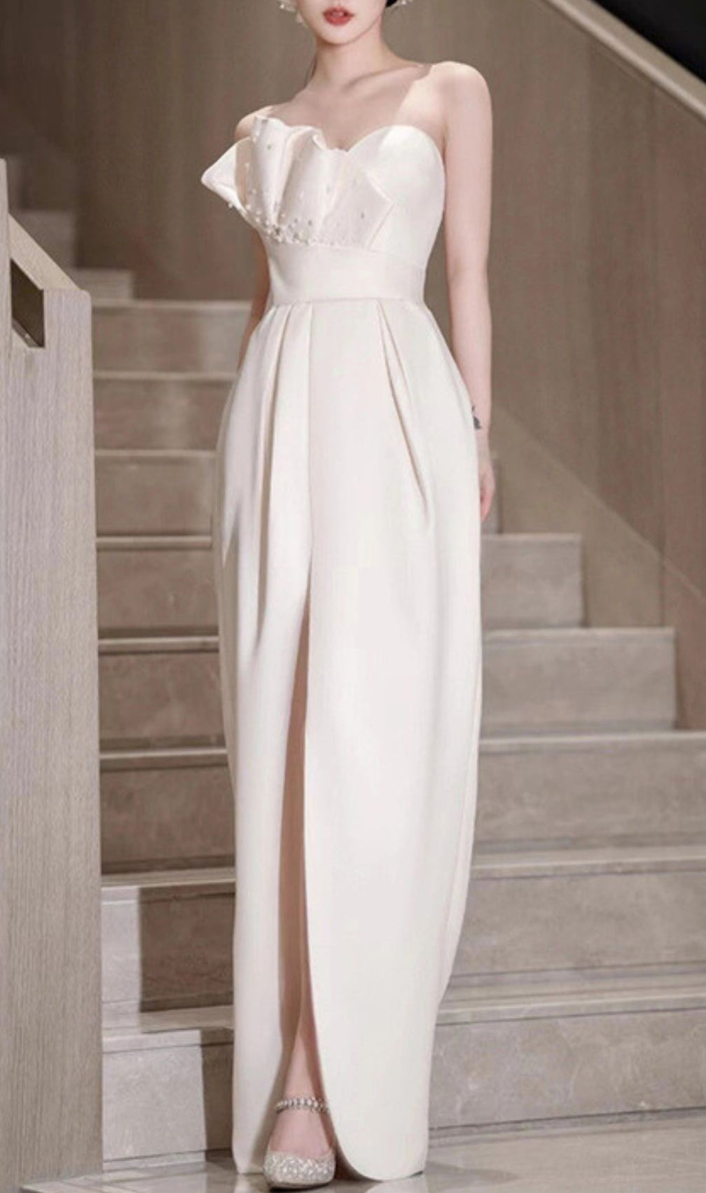 Aristotle Pearl Beaded Ruffle Gown