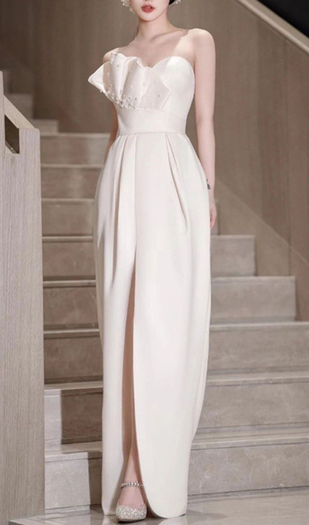 Aristotle Pearl Beaded Ruffle Gown
