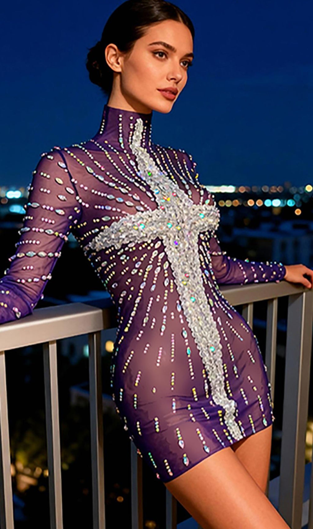 Joep Dazzling Diamante Mesh Mini Dress - Long Sleeve Sheer Sparkle Party Dress for Women