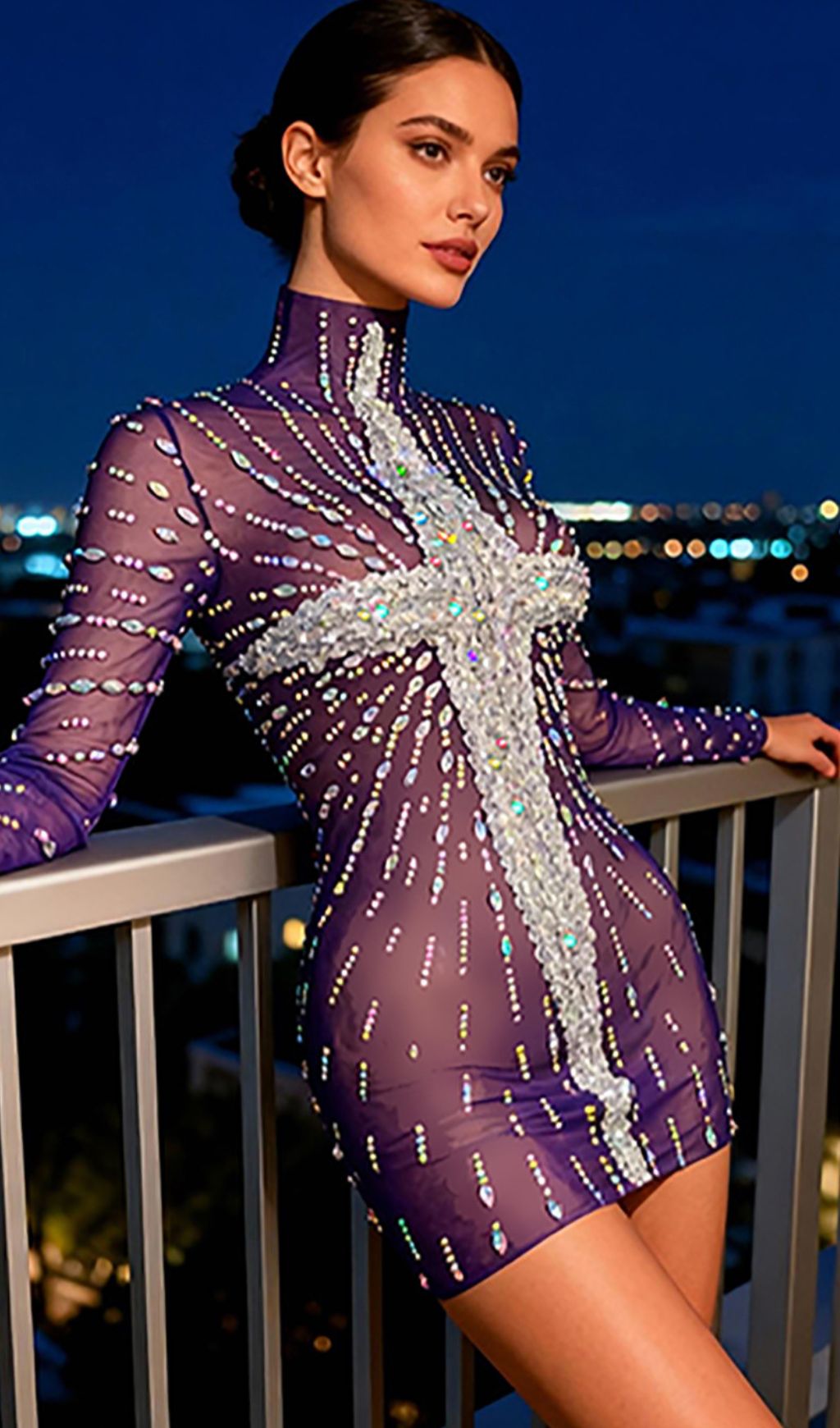 Joep Dazzling Diamante Mesh Mini Dress - Long Sleeve Sheer Sparkle Party Dress for Women