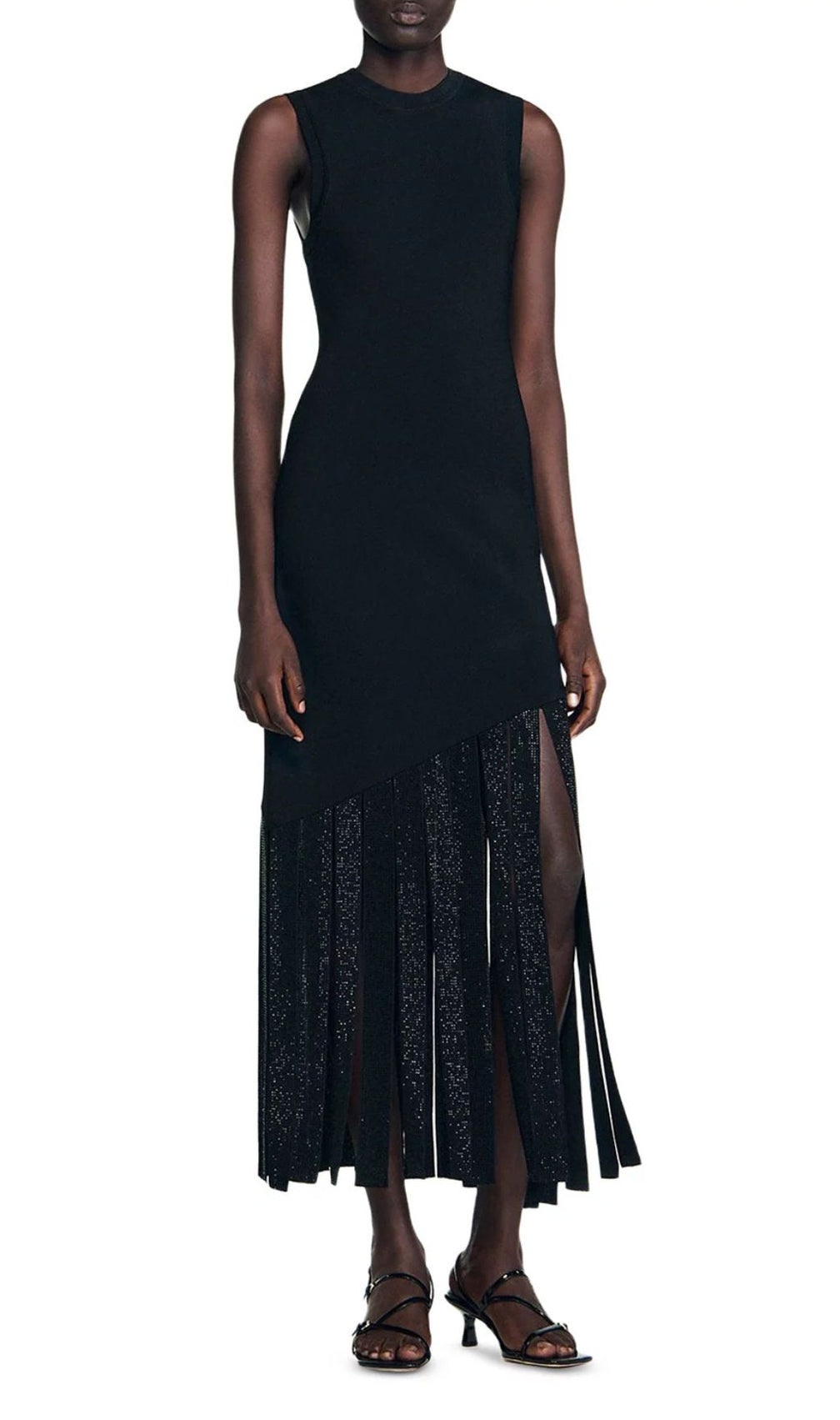 Glamorous Black Sleeveless Maxi Dress with Rhinestone Fringe Hem