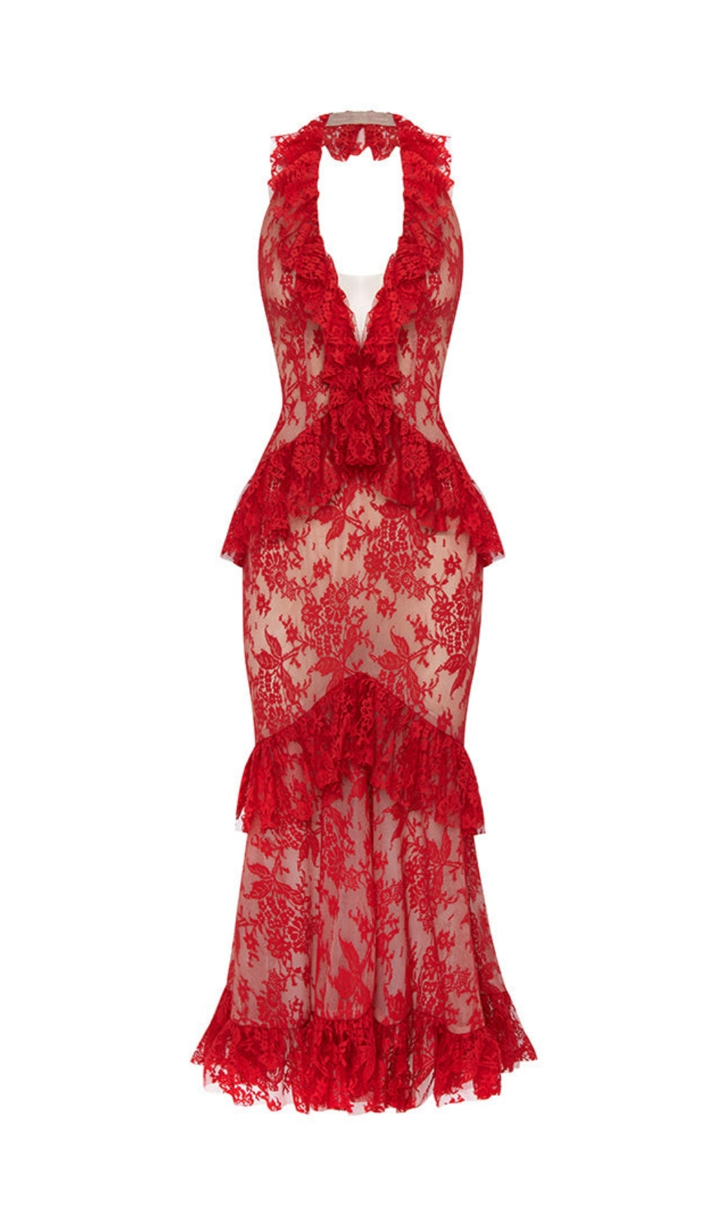 Eavan Red Halter Lace Midi Dress