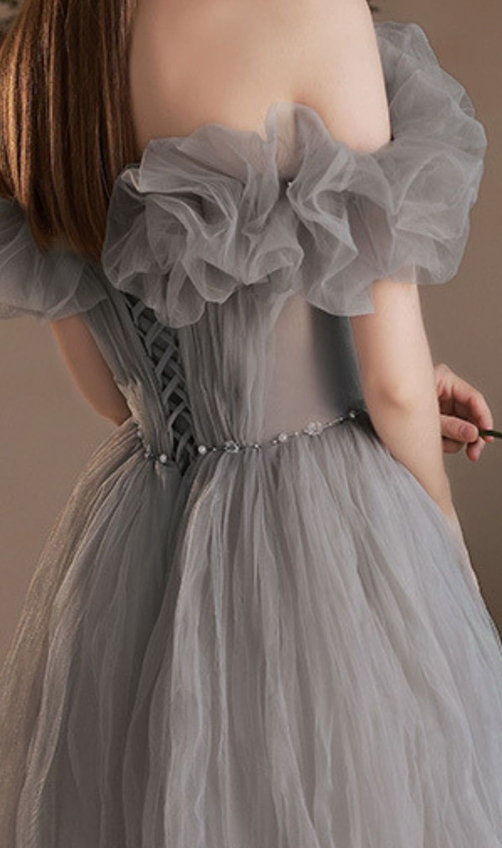 Kasey Grey Off-Shoulder Mesh Maxi Gown - Modern Elegance