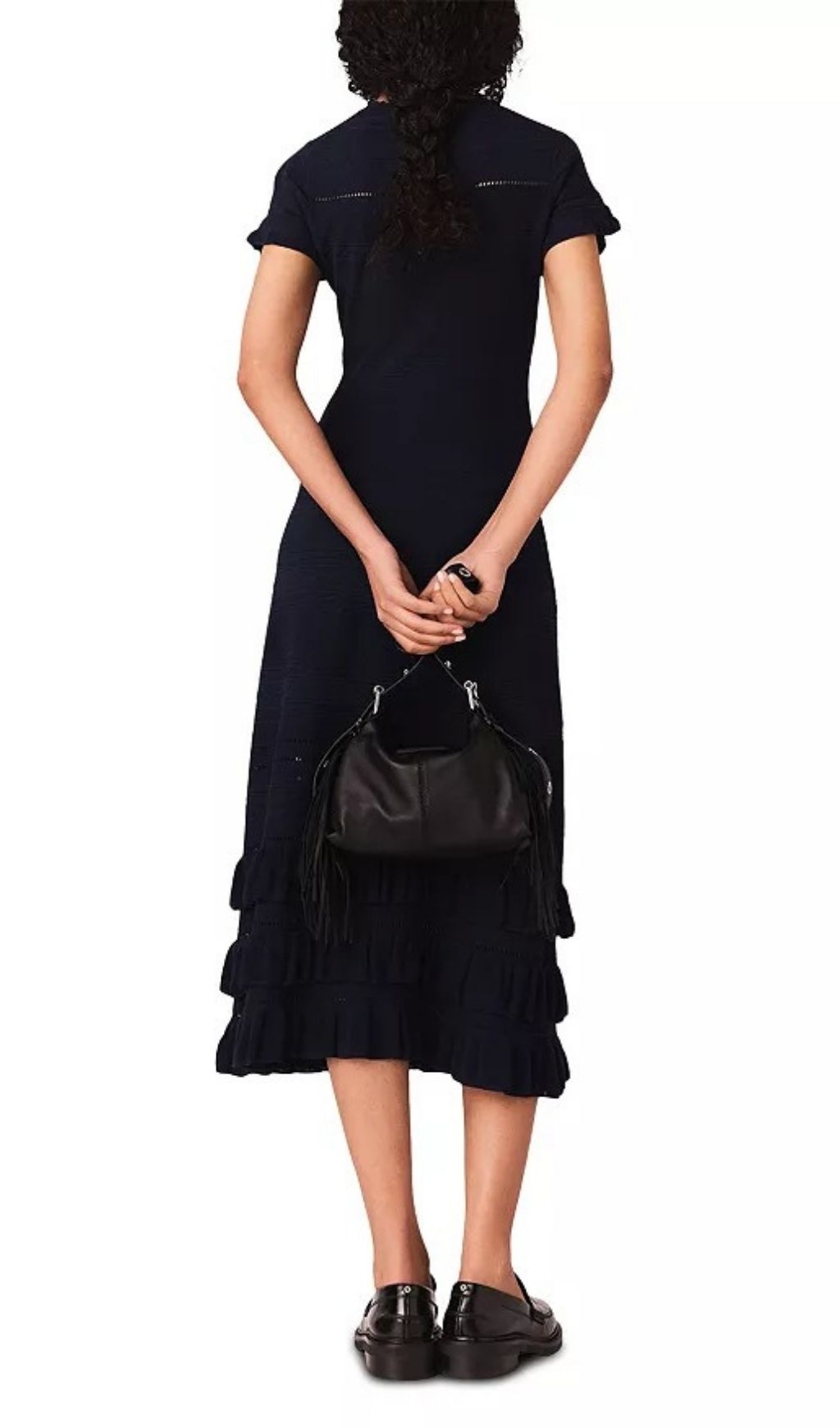 Elegant Navy Pointelle Ruffle Midi Dress - Scalloped Knit Style