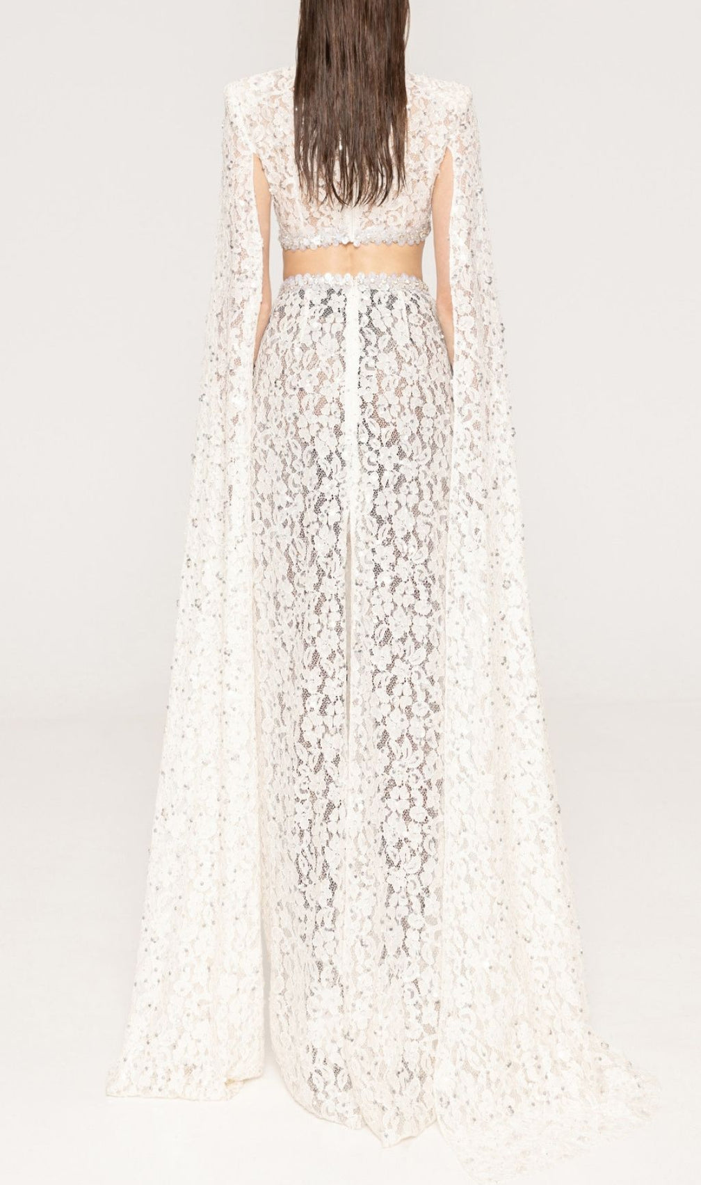 Katoka Glamour White Lace Sequin Cutout Maxi Gown with Flowing Cape Sleeves