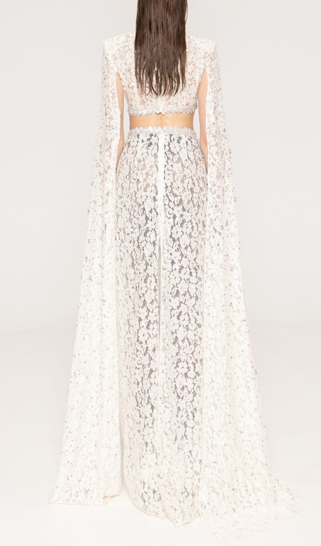 Katoka Glamour White Lace Sequin Cutout Maxi Gown with Flowing Cape Sleeves