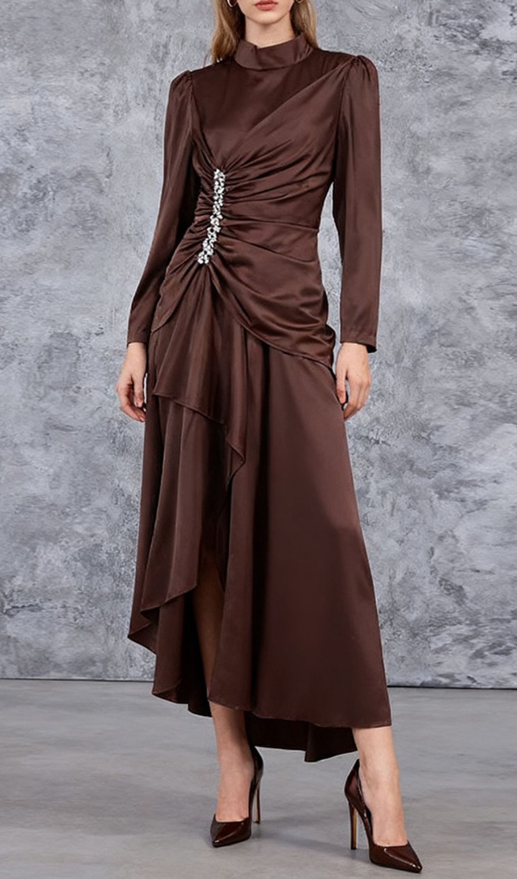 Glamorous Izdihar Brown Satin Diamante Maxi Dress for Special Occasions