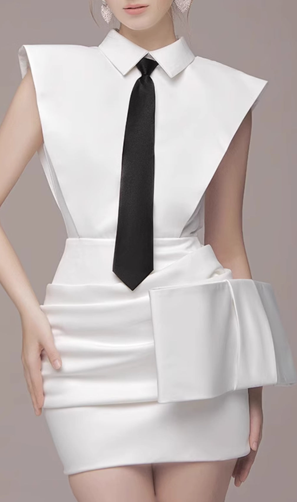 Estella White Bowknot Mini Dress With Necktie