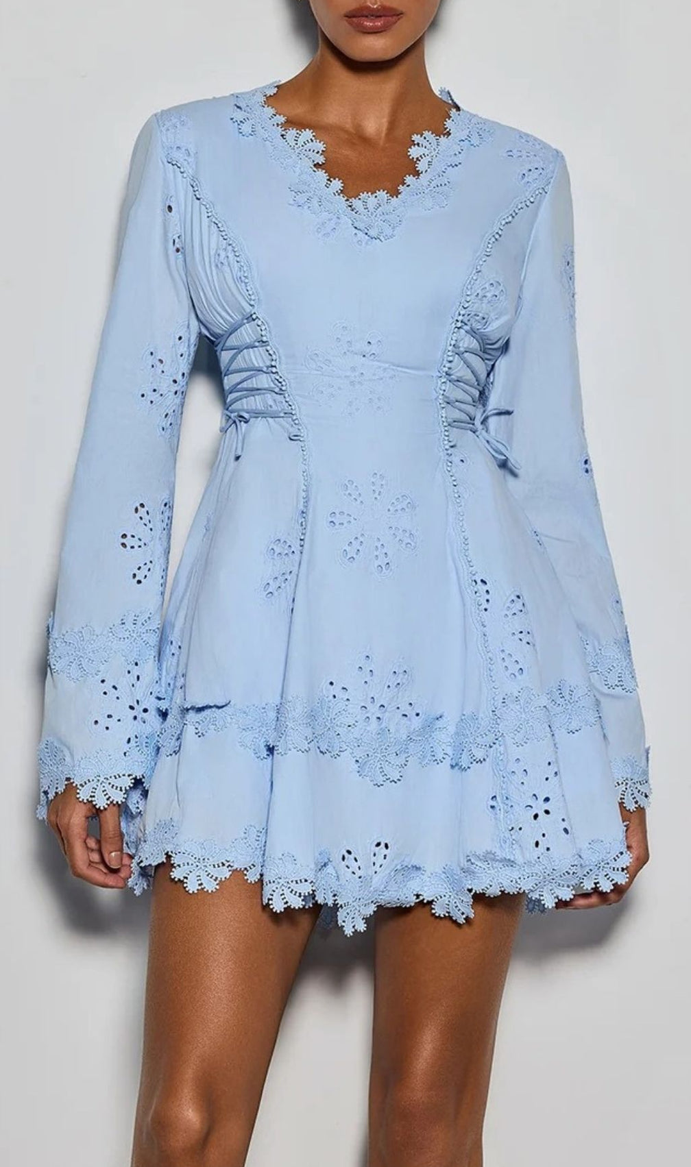 Delicia Romantic Baby Blue Eyelet Mini Dress | Flare Sleeve & Corset Detail