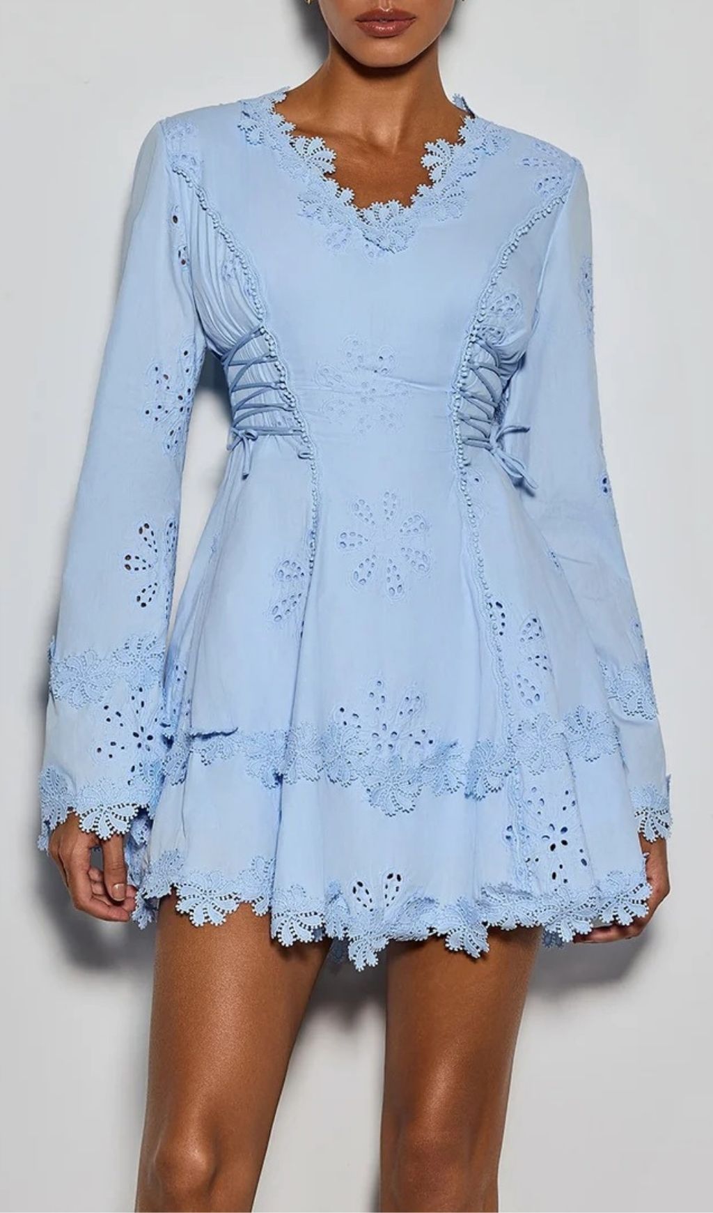 Delicia Romantic Baby Blue Eyelet Mini Dress | Flare Sleeve & Corset Detail