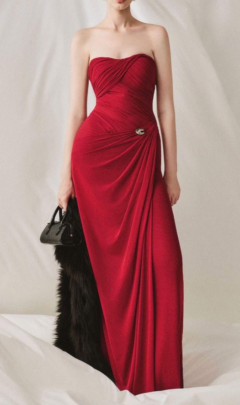 Lacey Red Ruched Maxi Dress