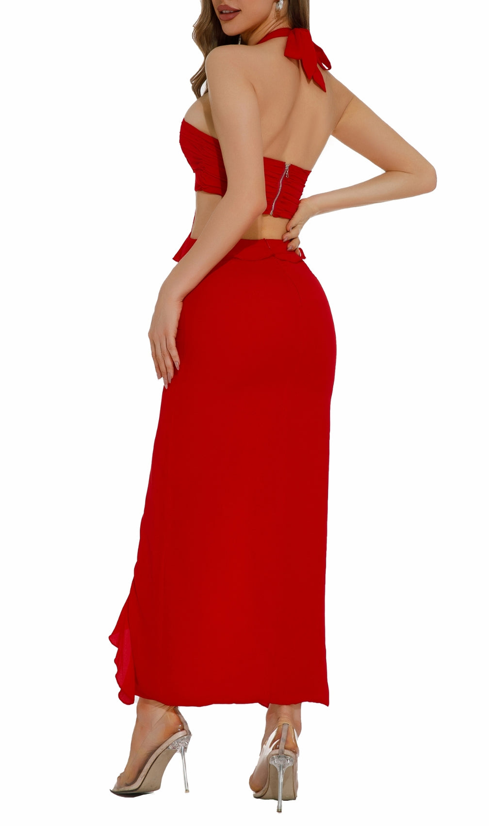 Buddug Red Halter Flower Cutout Maxi Dress