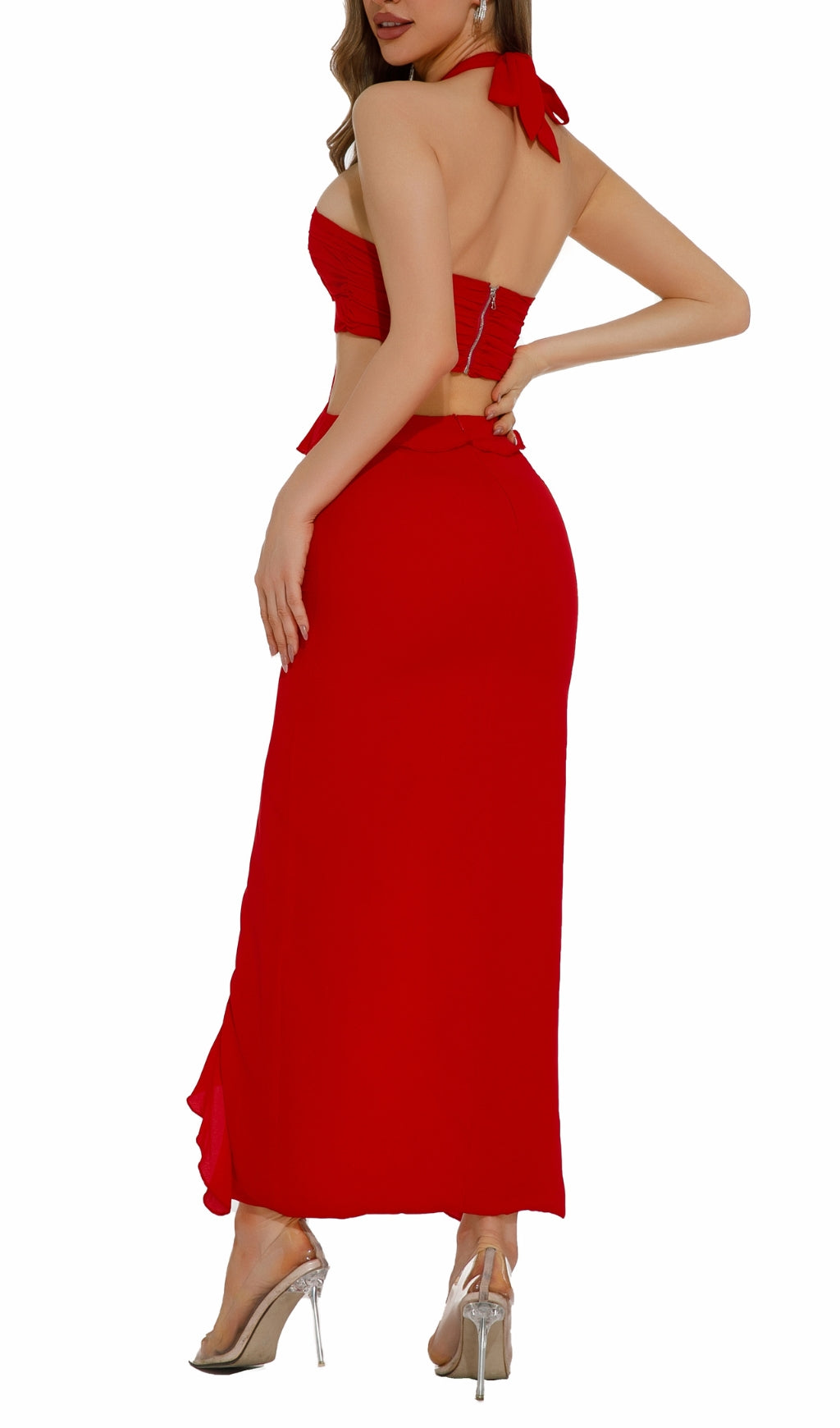 Buddug Red Halter Flower Cutout Maxi Dress