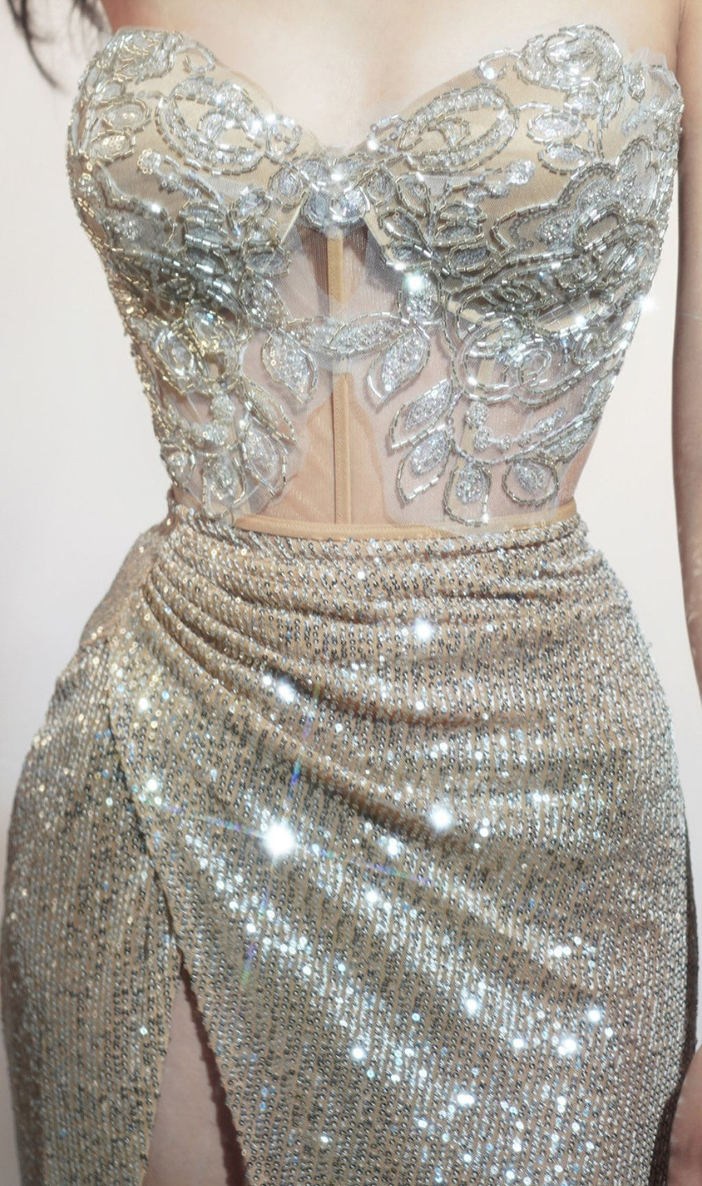 Hazan Dazzling Sequin Corset & High-Slit Maxi Skirt Set | Glamorous Two-Piece Ensemble