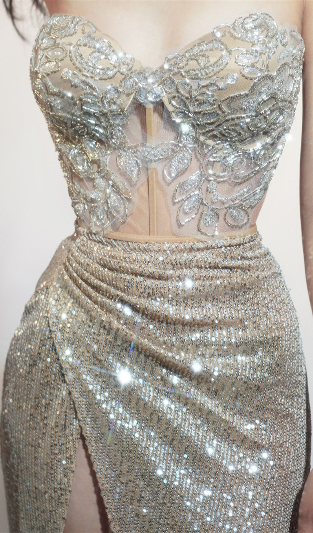 Hazan Dazzling Sequin Corset & High-Slit Maxi Skirt Set | Glamorous Two-Piece Ensemble