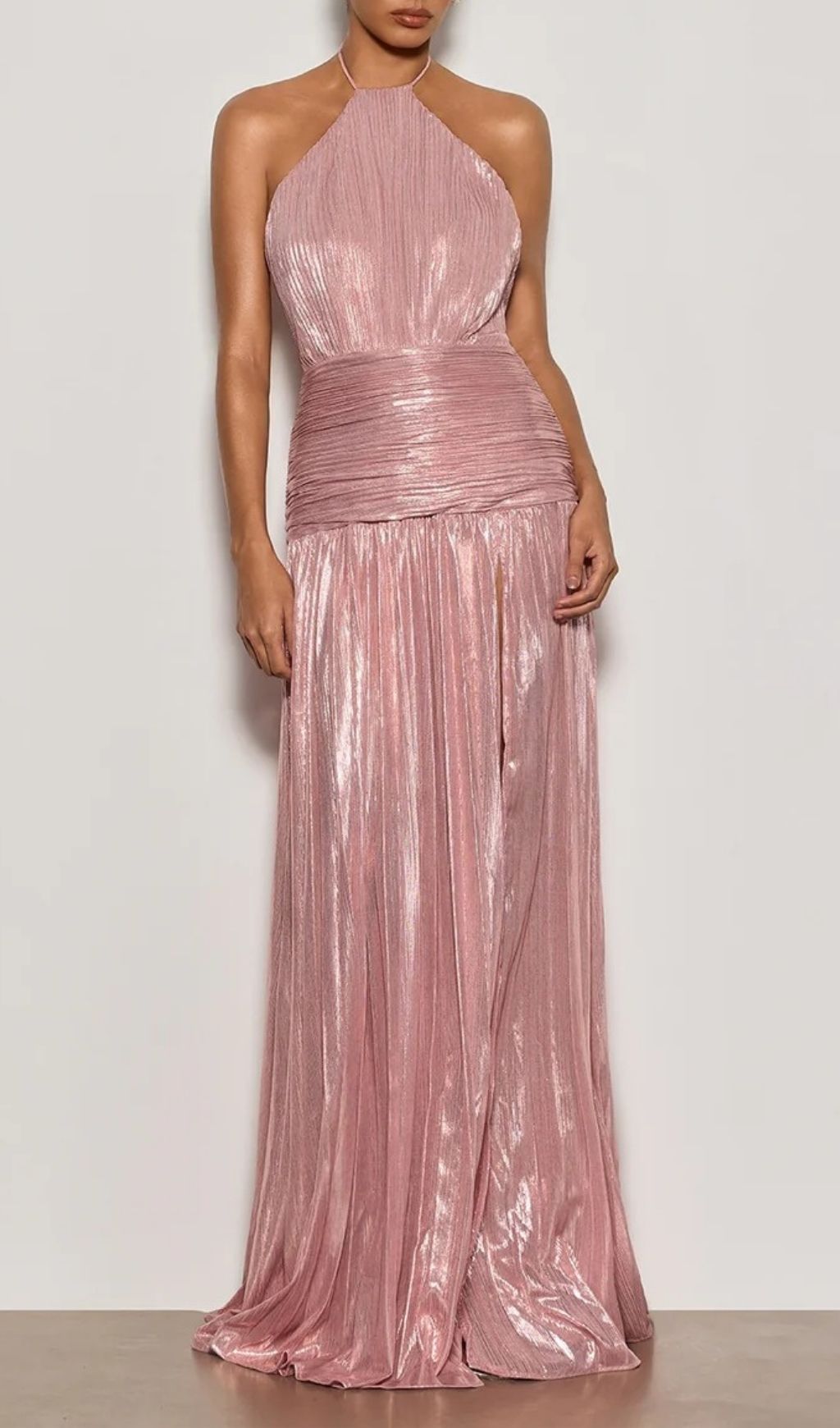 Syriona Glamorous Pink Metallic Halterneck Maxi Dress with High Split
