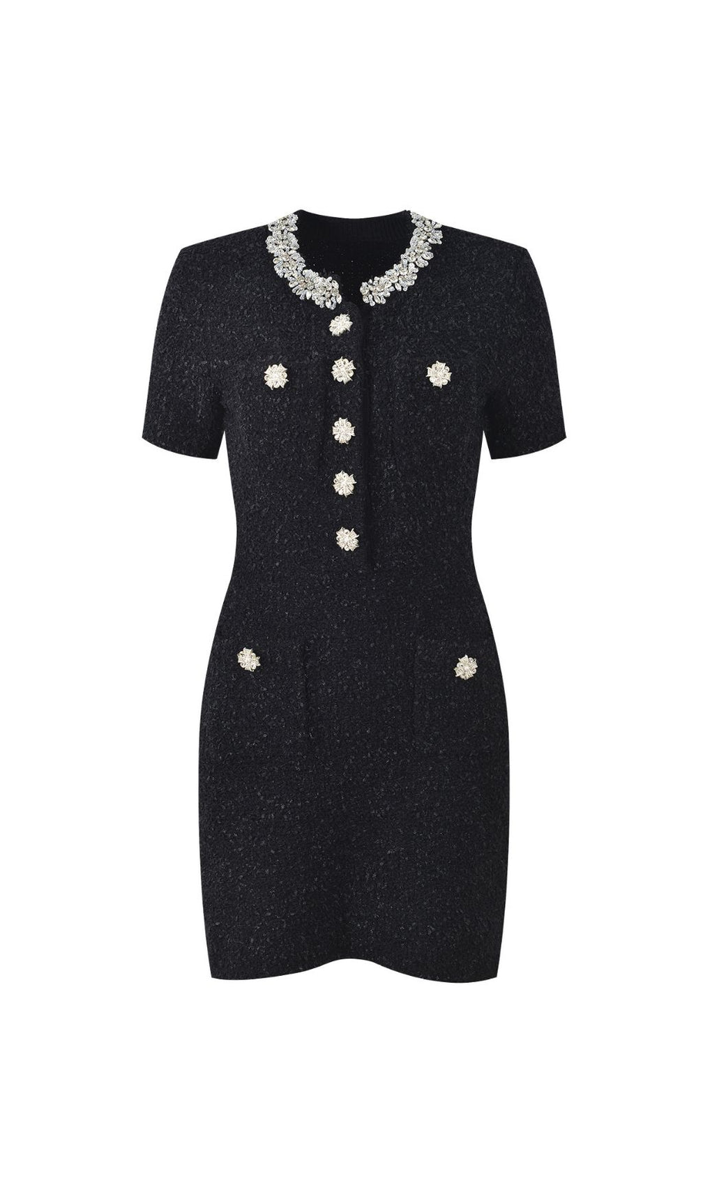 Glamorous Black Embellished Tweed Mini Dress | Crystal Collar Party & Cocktail Dress