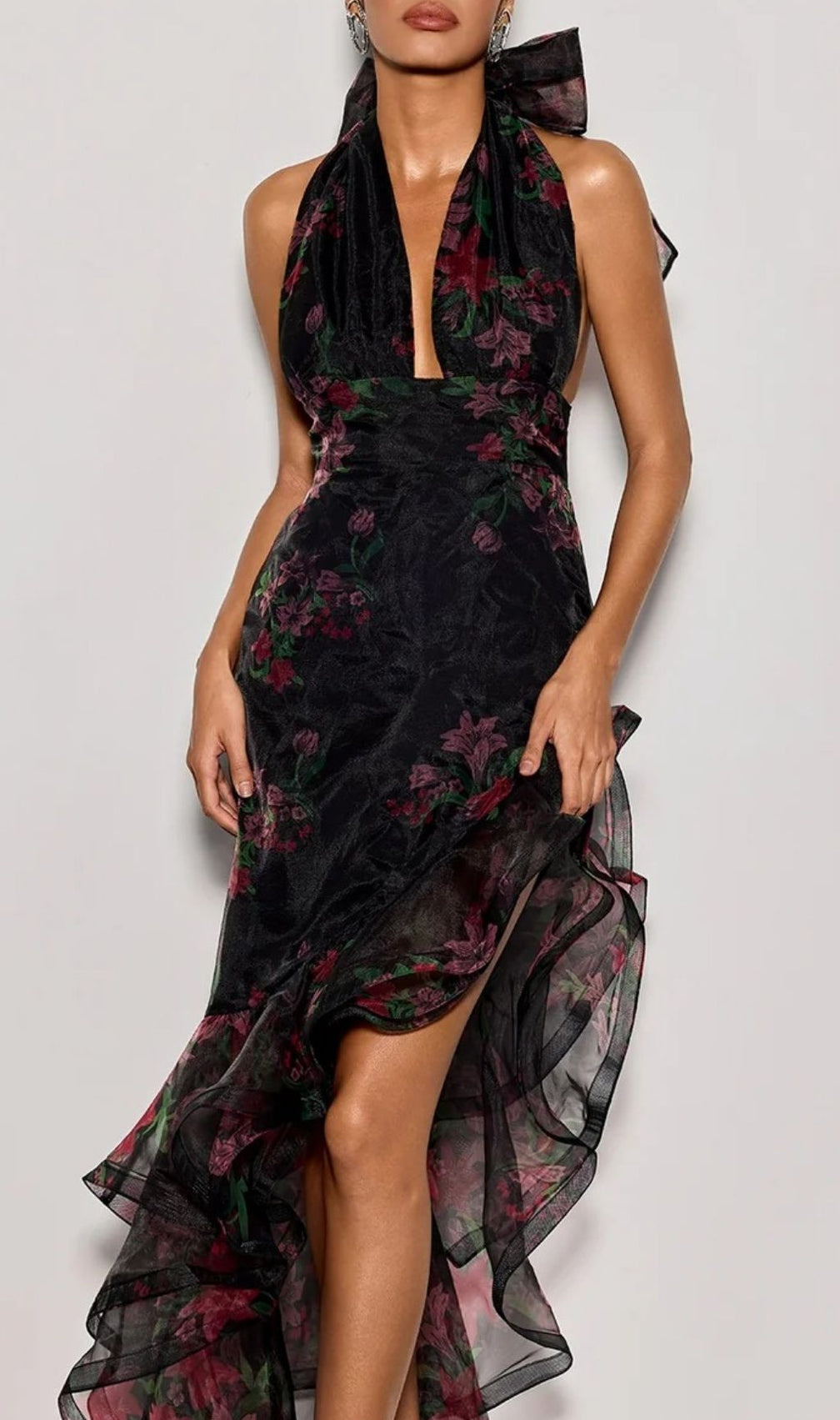 Cynna Enchanting Floral Ruffle Halter Maxi Dress with Bow Detail
